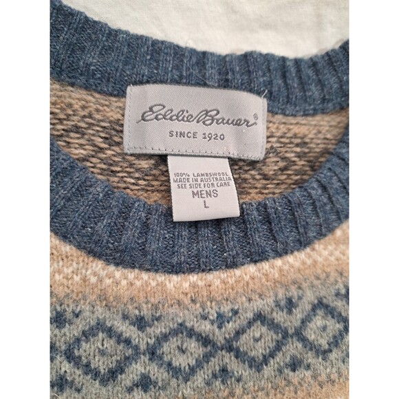 Eddie Bauer Lambs Wool Sweater Fair Aisle Blue Tan Geometric Nordic Crew Neck L - Picture 3 of 7